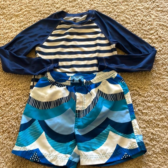 Tea Collection swim trunks + rash guard